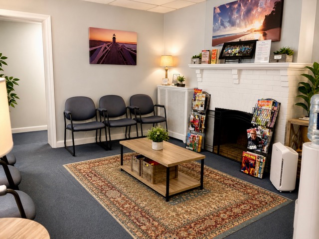 Warm, calming waiting room at The Anxiety and Agoraphobia Treatment Center in Bala Cynwyd